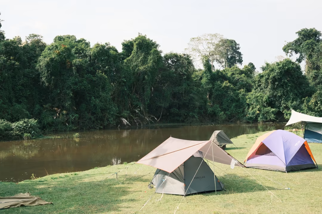 Tents pitched on a grassy riverbank: a beige tarp shelter, a grey tent and a purple and blue dome.