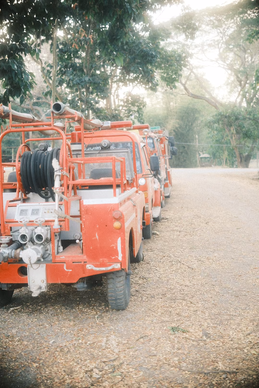 Row of red utility vehicles with hose reels parked along a gravel road under green trees