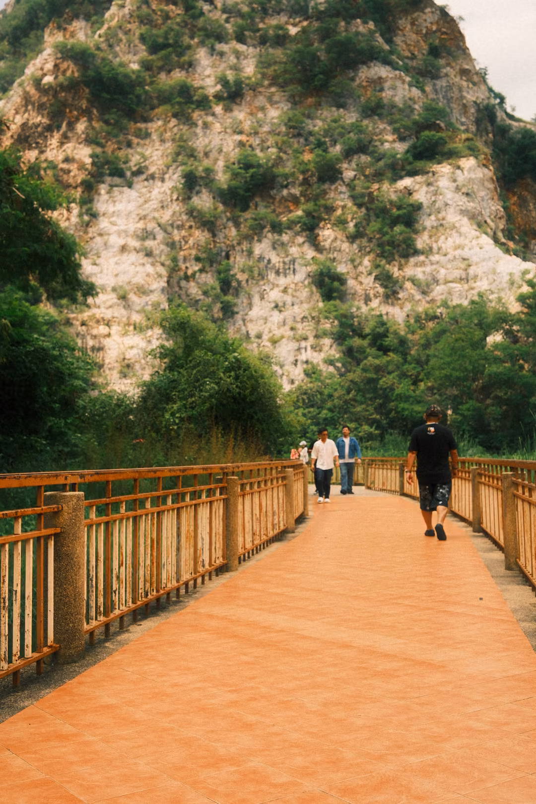 Orange tiled boardwalk with wooden railings leading toward a lush limestone cliff, a few people walking