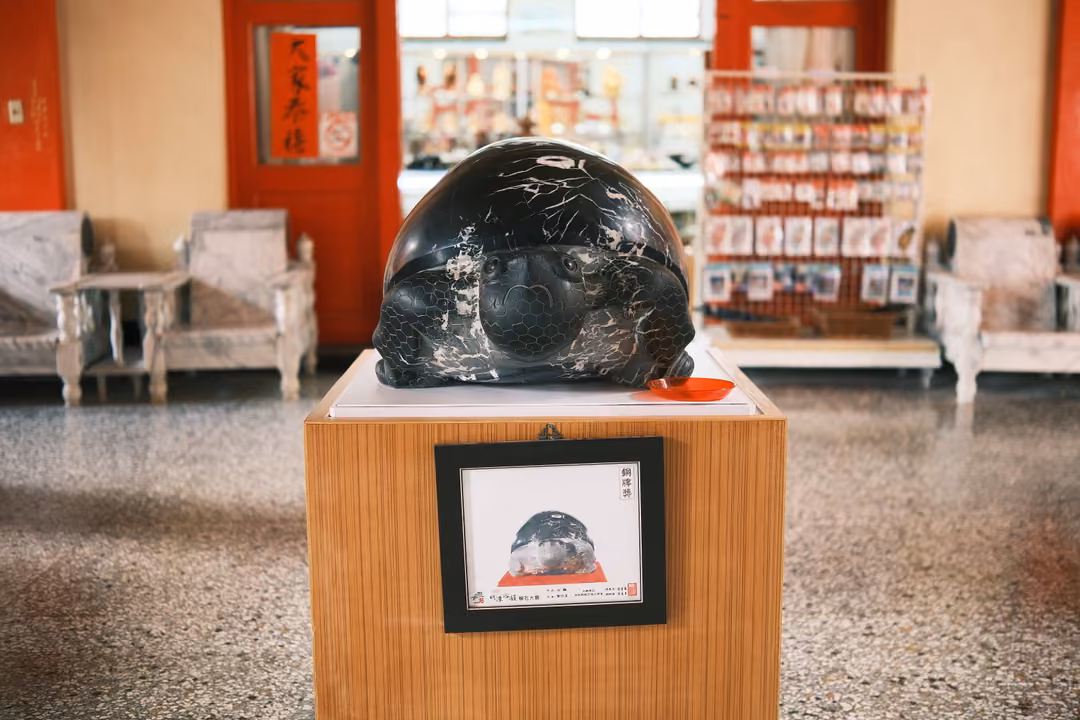 Black stone shaped like a turtle shell on a wooden plinth with a framed picture, a shop rack behind