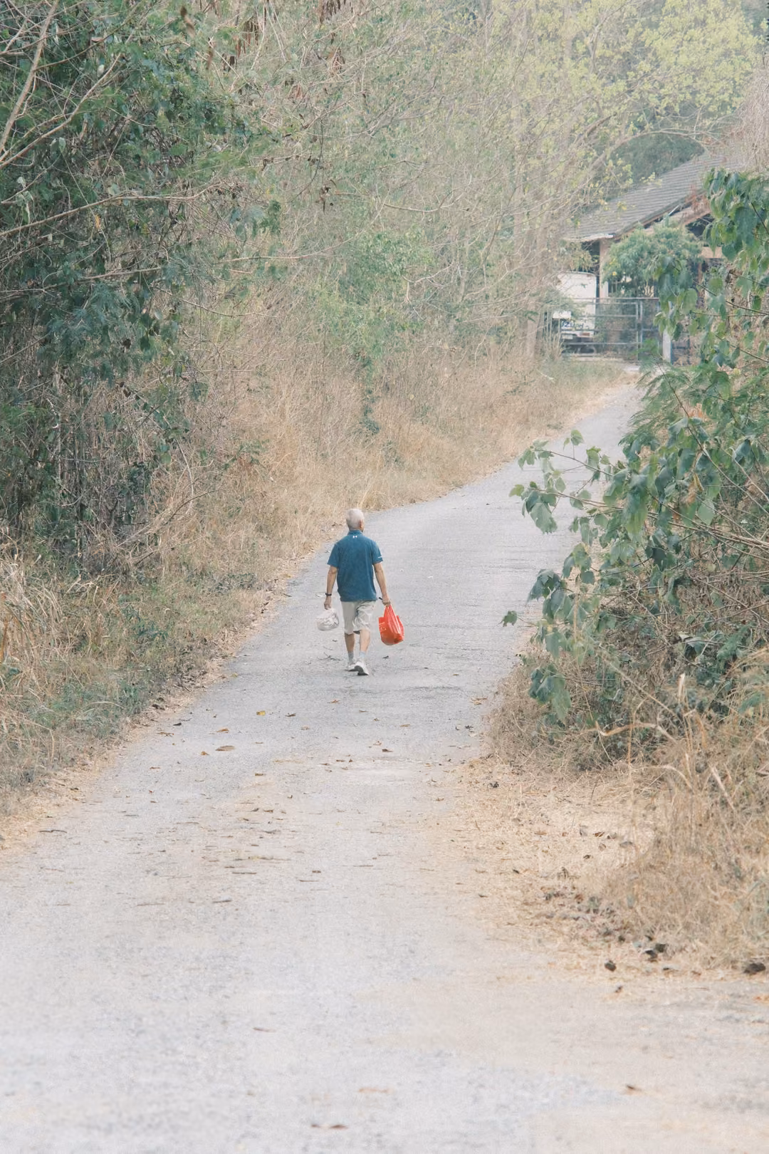 Person in a teal shirt carrying a red bag walking away down a dusty lane between dry bushes