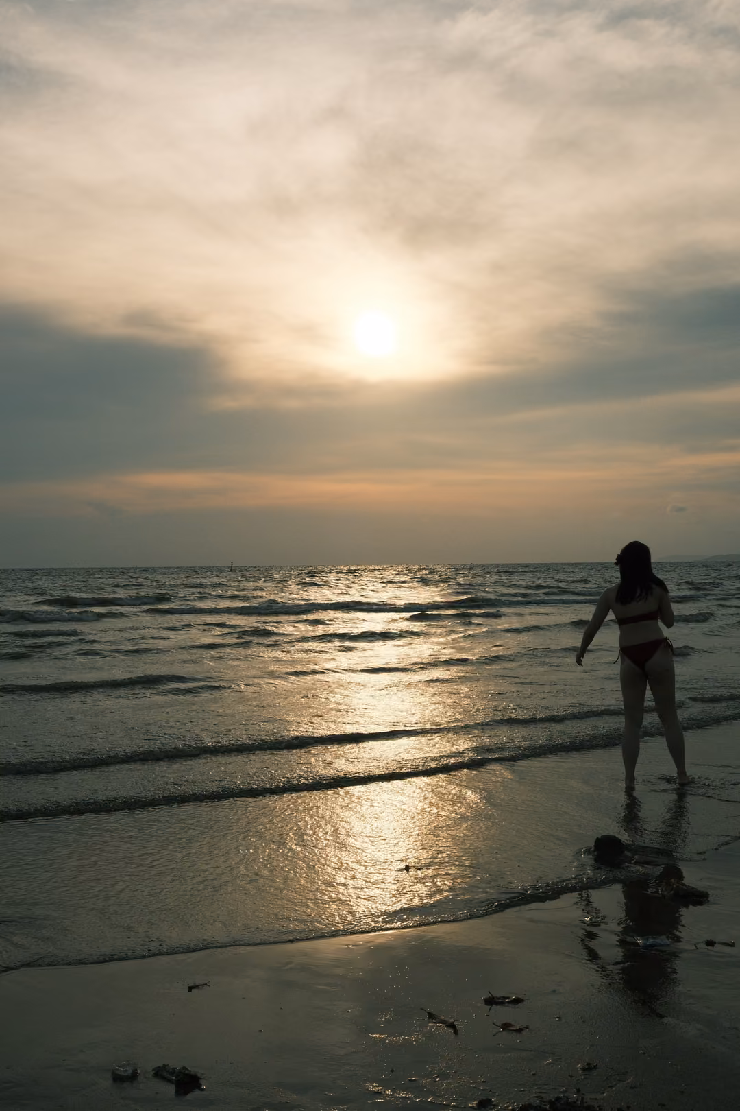 A silhouetted figure in swimwear standing at the waterline, the hazy sun reflected on wet sand