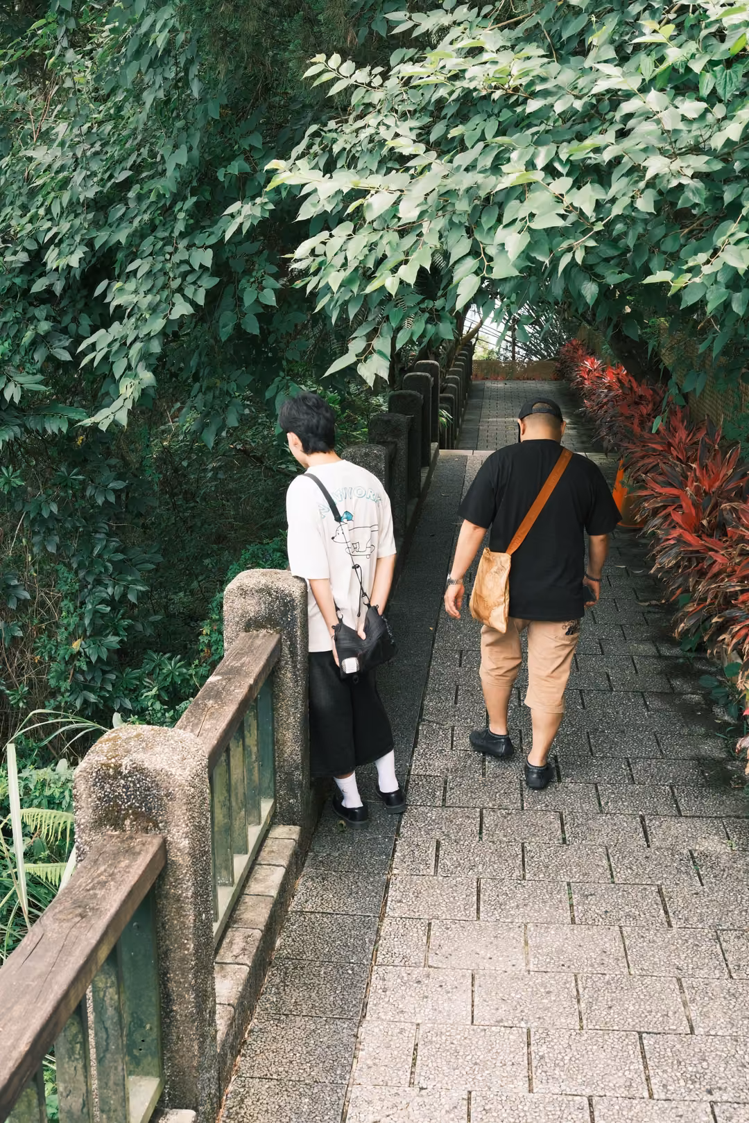 Two men walk away down a narrow paved path with stone railings, leafy trees and red-leaved plants