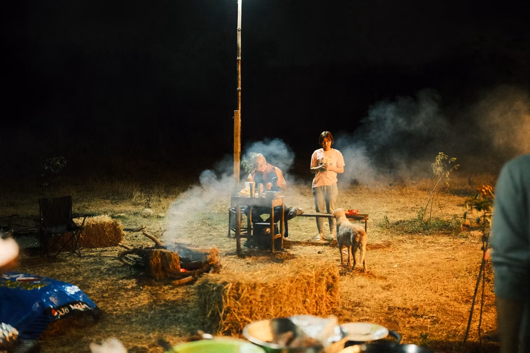 Wide night view of a smoky lawn under a single floodlight, people by a grill, a dog and hay bales nearby