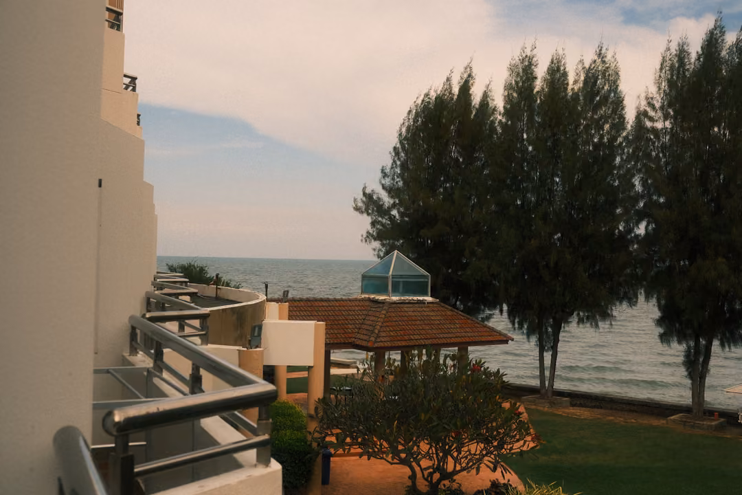 View from a hotel balcony of tall pine-like trees, a pavilion roof and lawn beside a calm grey sea