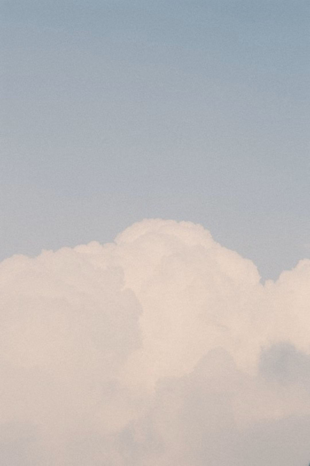 Rounded white cumulus cloud tops against a pale blue sky in a vertical frame