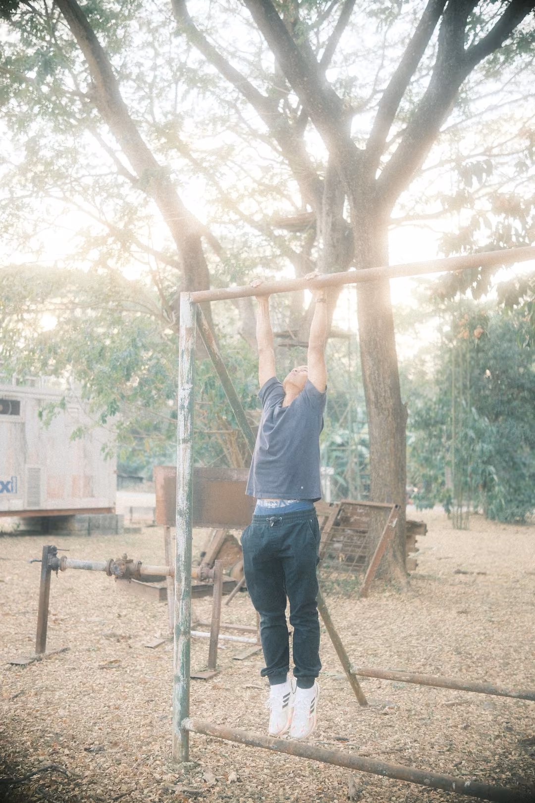 Man hanging by both hands from a horizontal metal bar under a tree, sunlight through the leaves