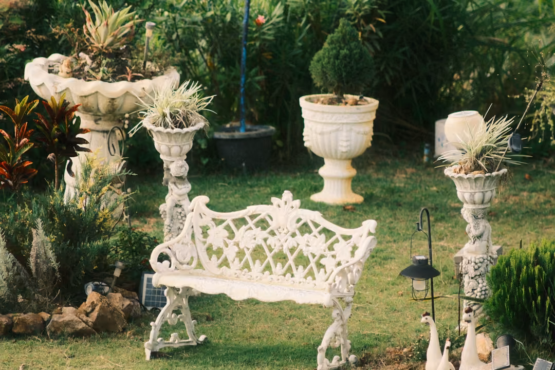 A white ornate garden bench among white pedestal urns planted with succulents, small swan figures and a lamp.
