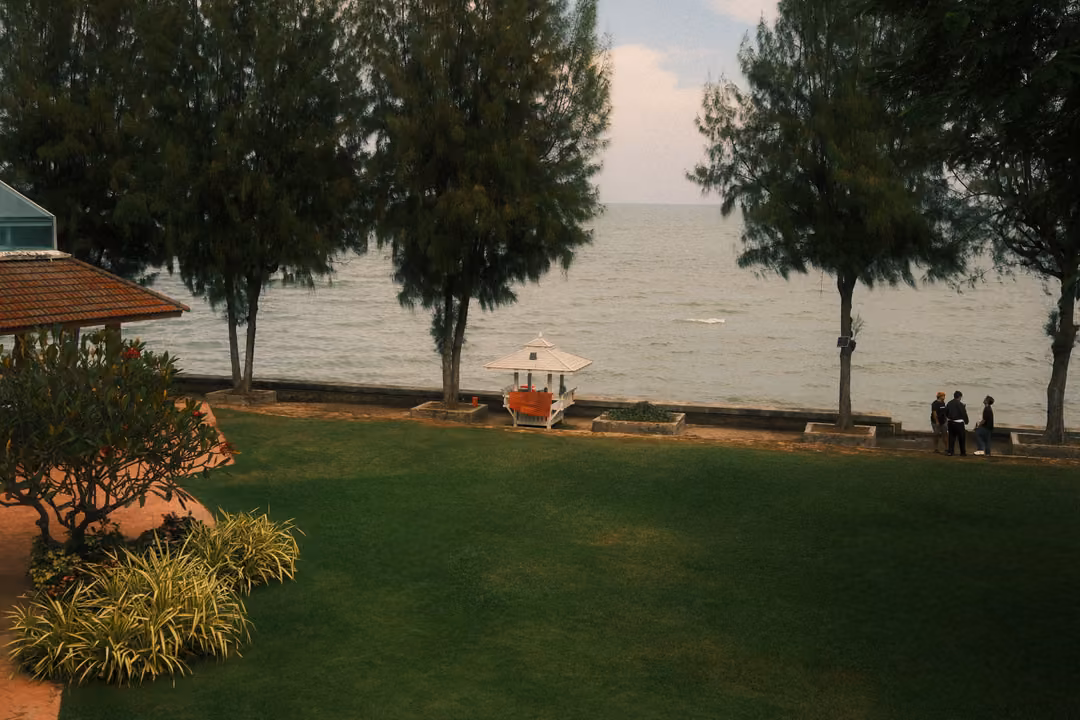 Green lawn leading to a seawall lined with tall trees, a small white umbrella and two figures by the water