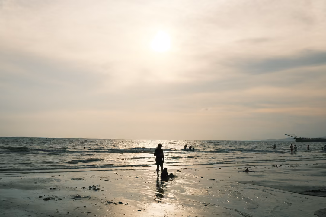 A silhouetted figure standing in shallow water facing a hazy sun, ships on the horizon