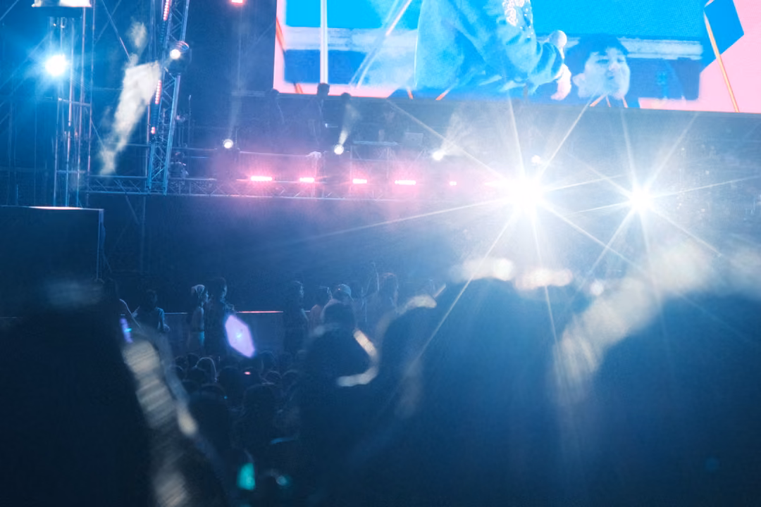 Crowd silhouettes and a raised hand in front of starburst stage lights and a screen showing a singer, hazy blue light.