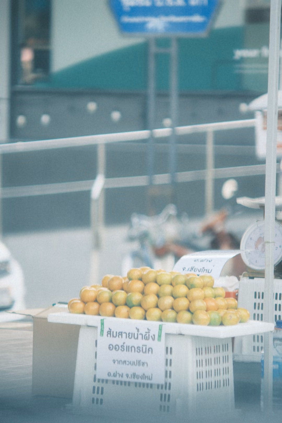 Oranges piled on a white crate at a roadside stall, with a hand-lettered Thai sign advertising organic oranges.