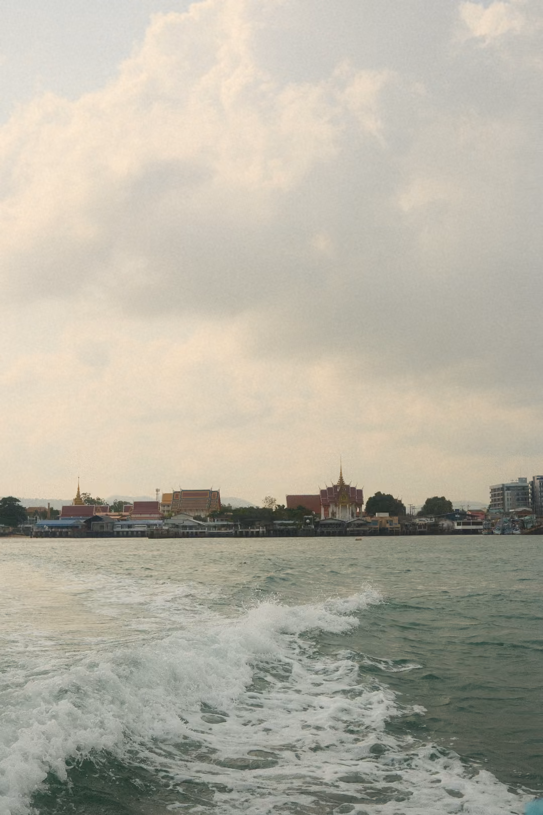 Foamy wake curling across green water, a shoreline with temple roofs and buildings behind.