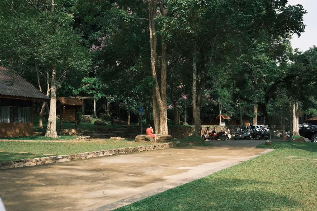 A wide shaded clearing with tall trees, wooden buildings and a dirt path, a few people in the distance