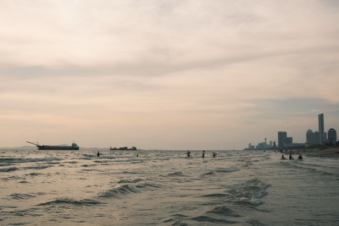 Waders and swimmers scattered in a choppy grey sea, ships on the horizon and towers to the right