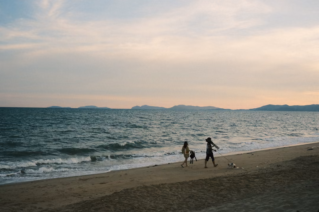 Two people walk along the beach at sunset, one with a small dog, waves breaking and distant hills behind