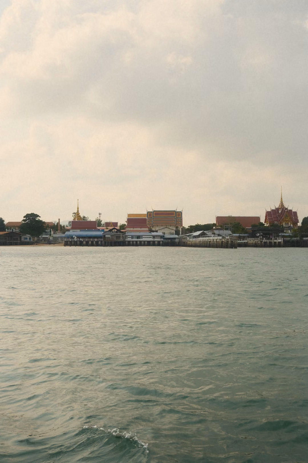 A shoreline of low buildings with red and gold temple roofs, seen across choppy green water.