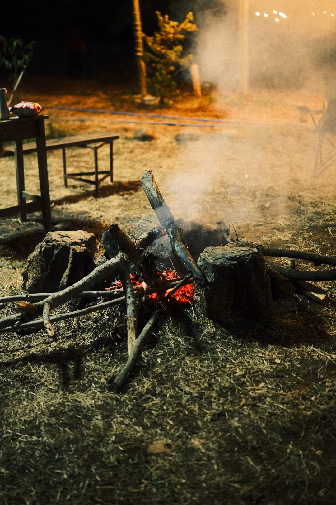 Small campfire smoking among logs and tree stumps on dry grass at dusk, a wooden bench behind