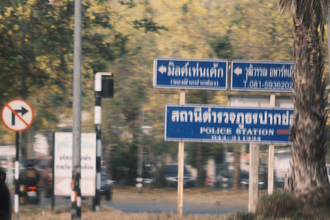 Blue roadside signs in Thai and English pointing to a police station, beside a no-right-turn sign and a palm trunk.