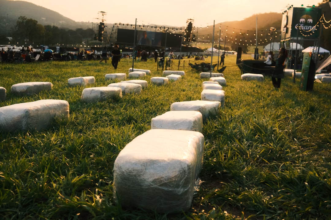 Closer view of the white-wrapped bales in rows on the grass, leading toward the stage.