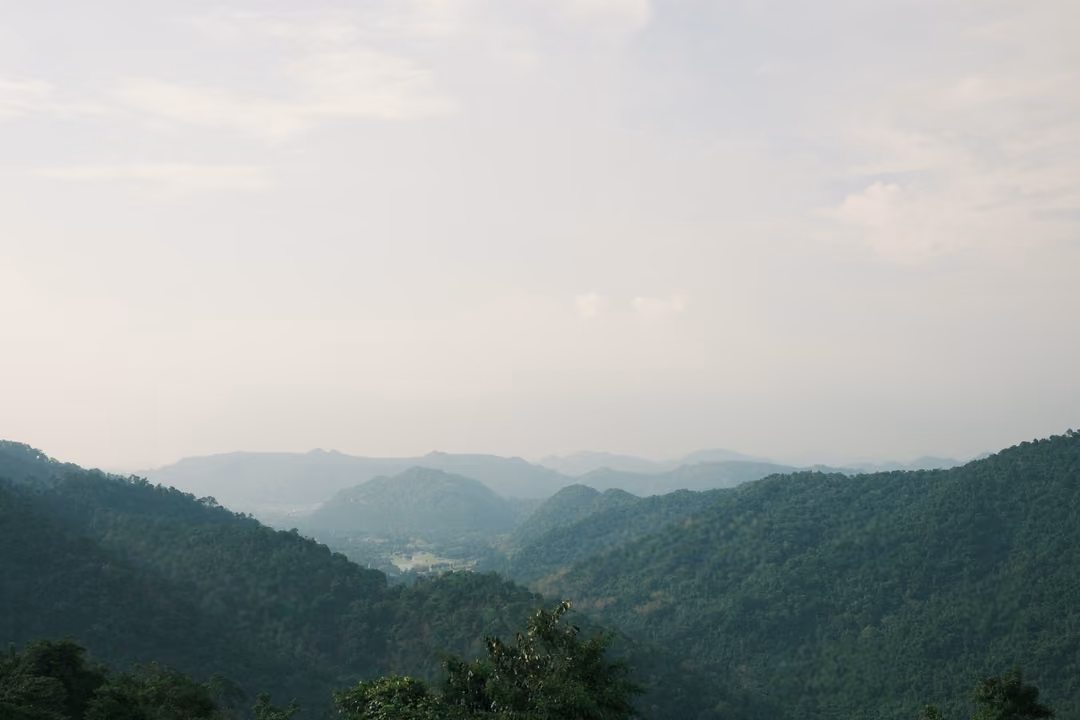 A slightly different view of hazy mountain ridges and a forested valley under a wide pale sky.