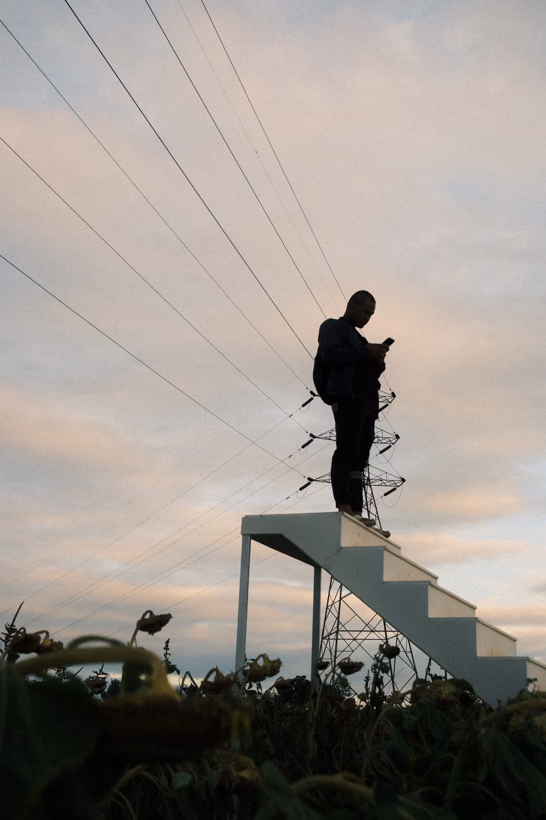 Silhouette on top of a white staircase framed by power lines and a pylon against a soft pink evening sky