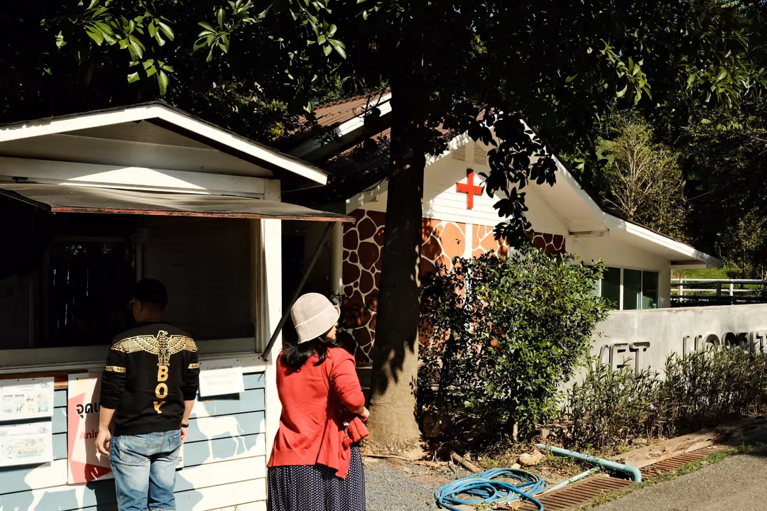 Two visitors at a white kiosk window under a big tree, a red cross on a building behind them