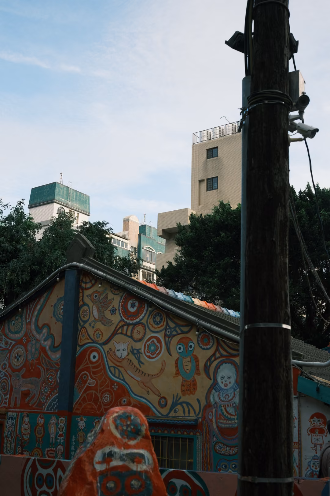 Painted house roof and wall behind a wooden utility pole, apartment buildings and blue sky above