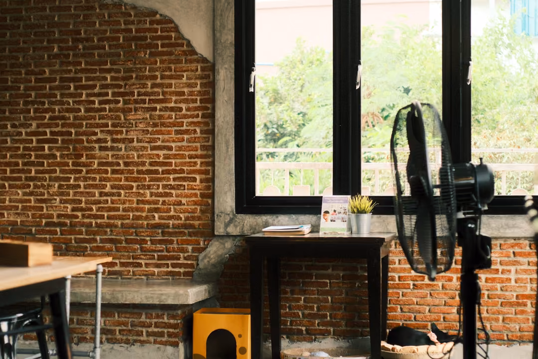 Cafe corner with exposed brick wall, a black-framed window, a small table with a plant and a standing fan