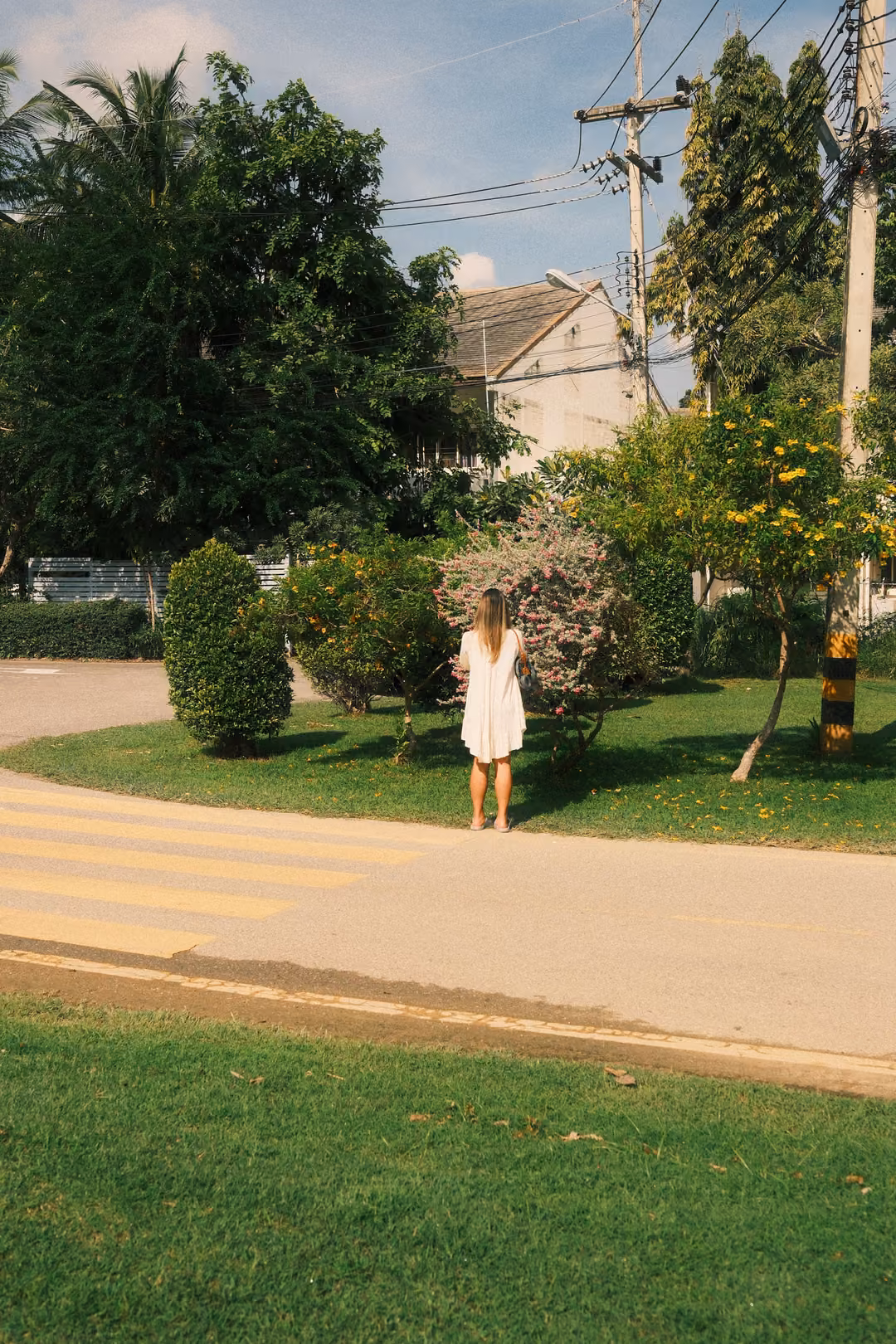 Woman in a white dress standing on a grassy verge by a road, facing away toward trees and a house