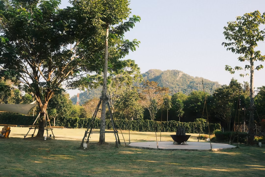 Lawn with a circular stone fire pit, young trees on props and a forested hill beneath a blue sky