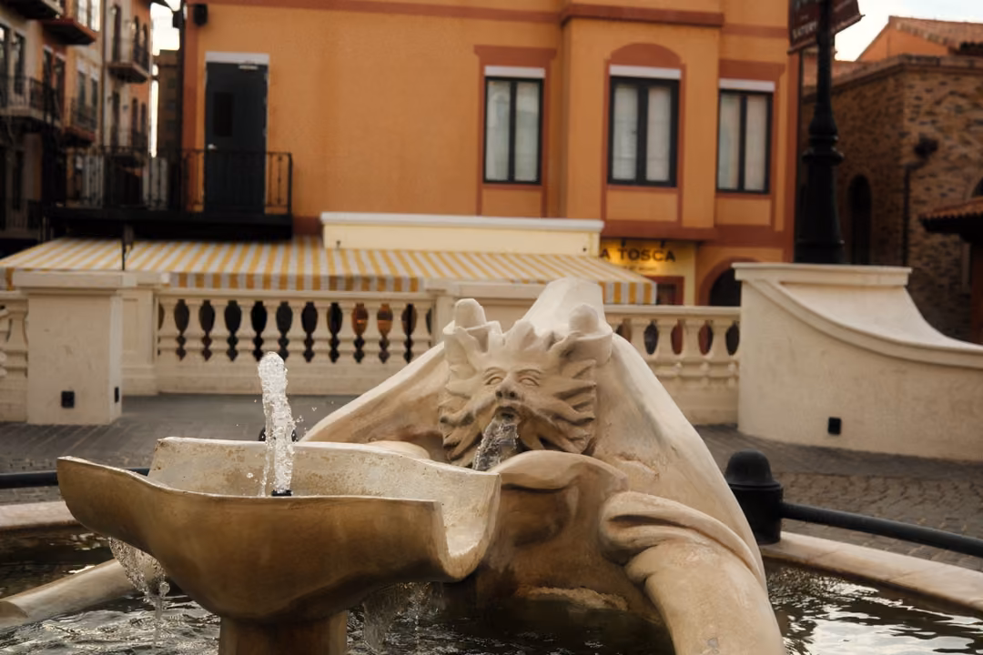 Stone fountain shaped like a large shell with a carved face, a thin jet of water and a balustrade behind