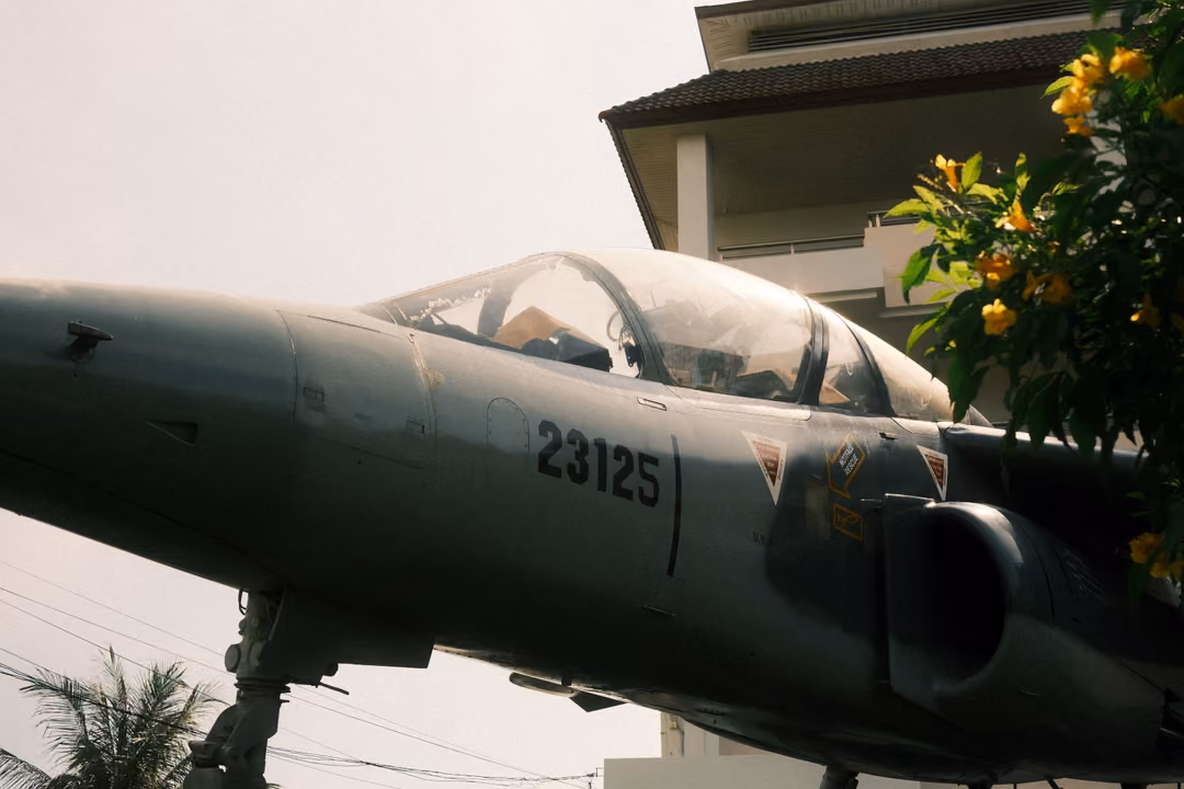 Close view of a grey jet fighter cockpit and nose with the number 23125, yellow flowers in the corner