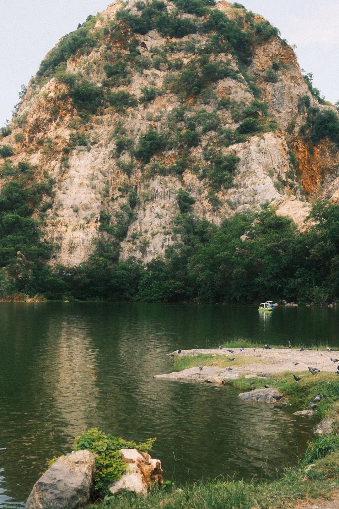 Large rounded limestone mountain covered in greenery above a still green lake, rocks in the foreground