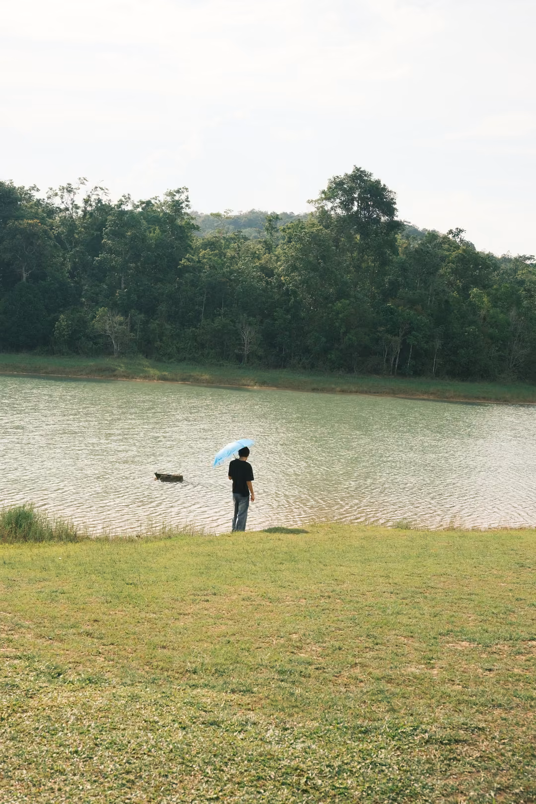 Upright view of a person with a blue umbrella standing alone at the lake edge, a floating log nearby.