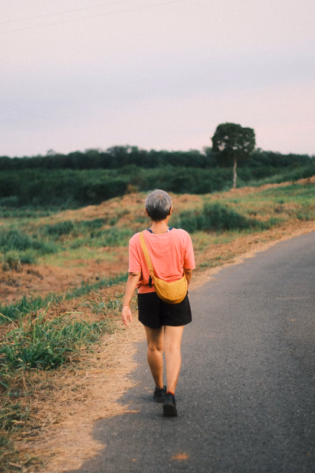 Person in an orange top with a yellow bag walking away along a narrow road beside fields