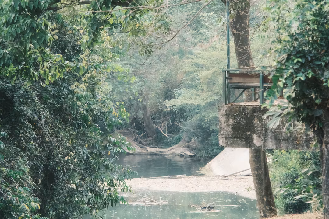 Closer view of a mossy concrete pillar with a rusted platform beside a low green river and trees