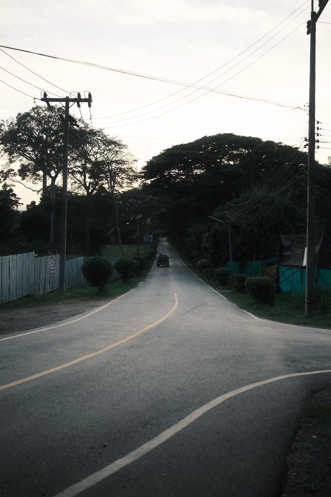 Empty road curving between power poles and trees under a pale evening sky, a vehicle in the distance