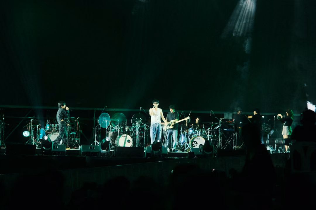 Dark green stage with the band performing, a smoke jet fading at upper right, silhouettes of the crowd below.