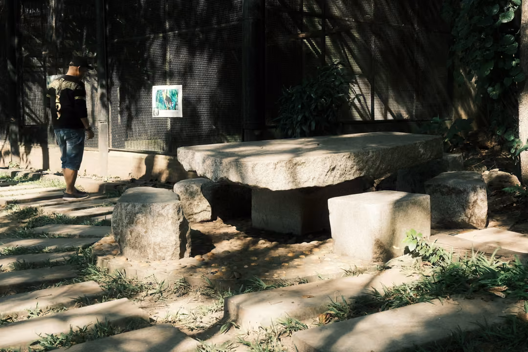 Stone table and stools in front of a dark mesh enclosure with a small sign, a visitor standing at left