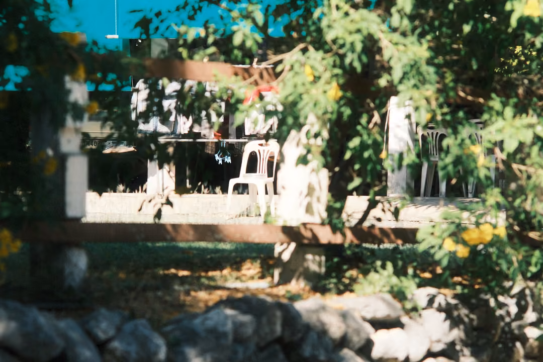Leaves and yellow flowers blurring the foreground, a fence and white chairs under a teal roof beyond