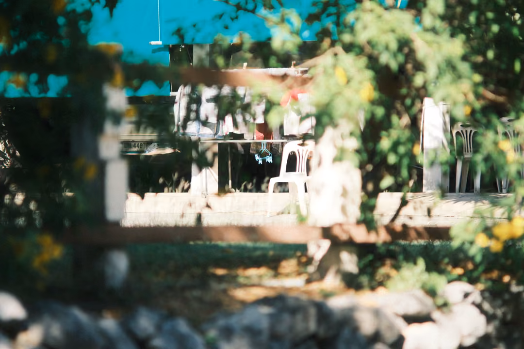 Blurred leaves framing a wooden fence, white plastic chairs and a teal roof in the background