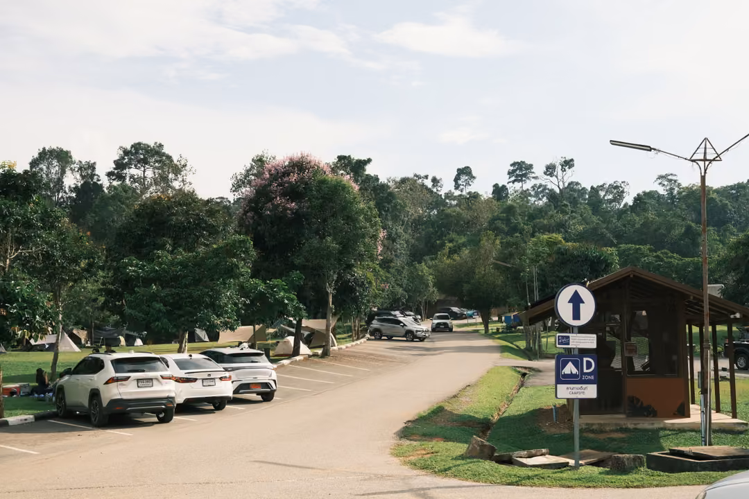 A curving campground road with parked cars, a wooden hut, a blue sign with an arrow and a street lamp.