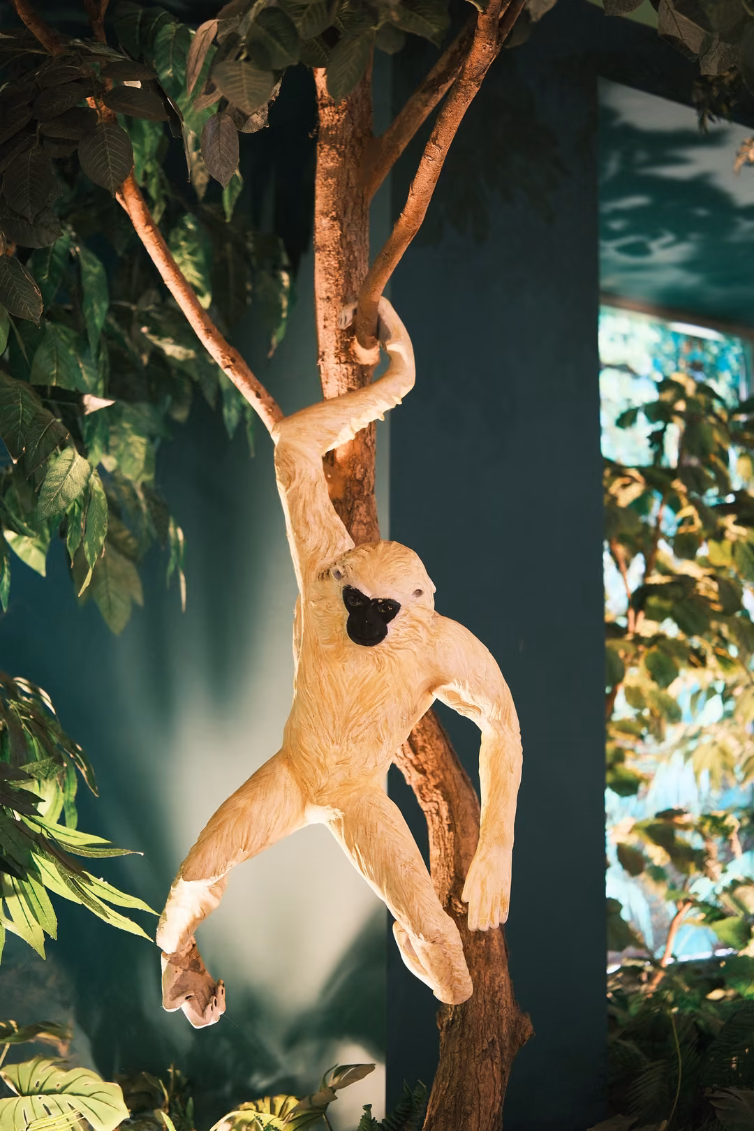A pale model of a long-armed ape hanging from a tree branch in a museum display