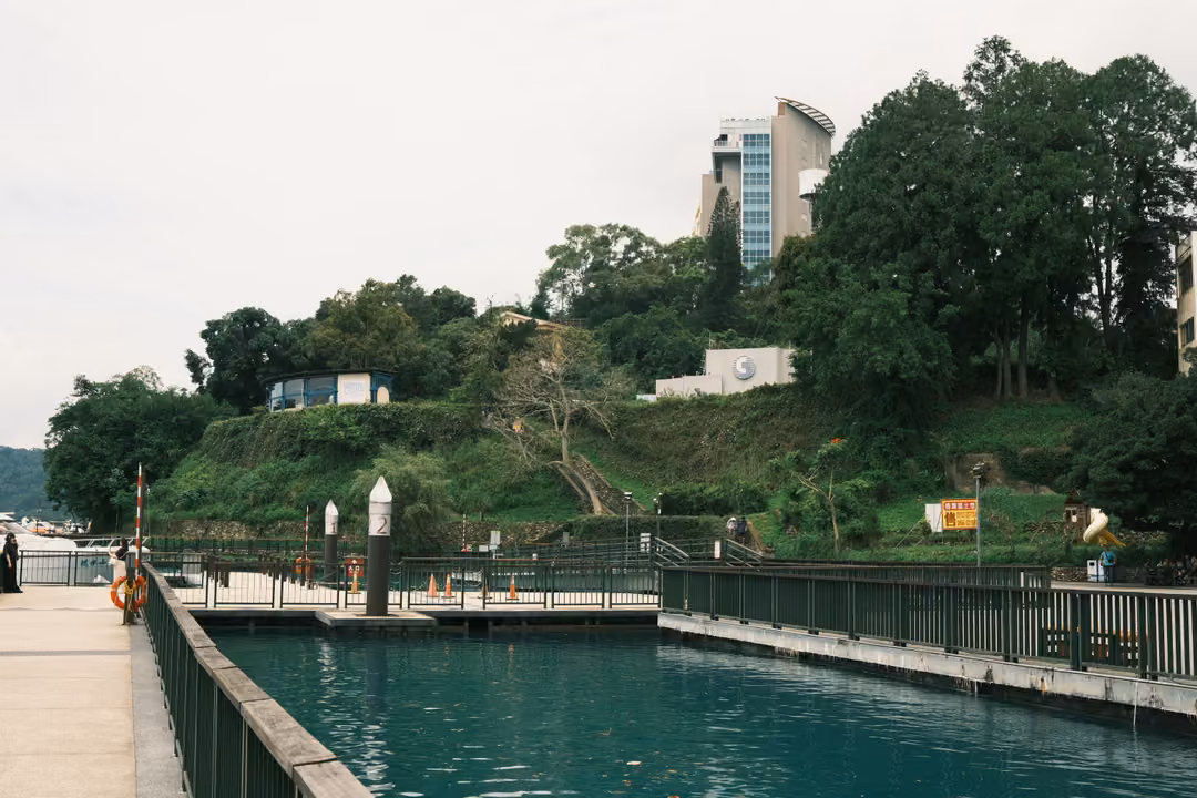 Still green water in a walled harbour basin below a wooded hill topped by a tall modern building