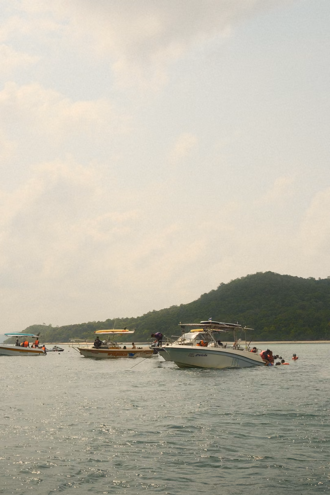 Several speedboats gathered near a green island, with people in the water around them.