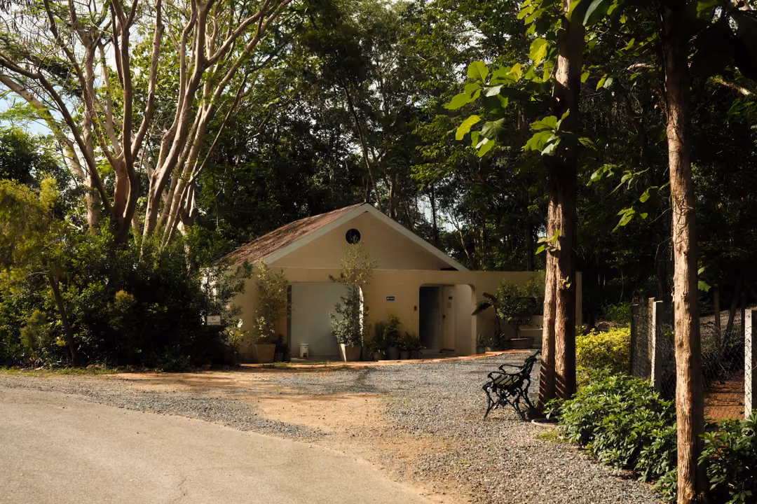 Small cream building with a roll-up door under tall trees, beside a gravel path and a black bench